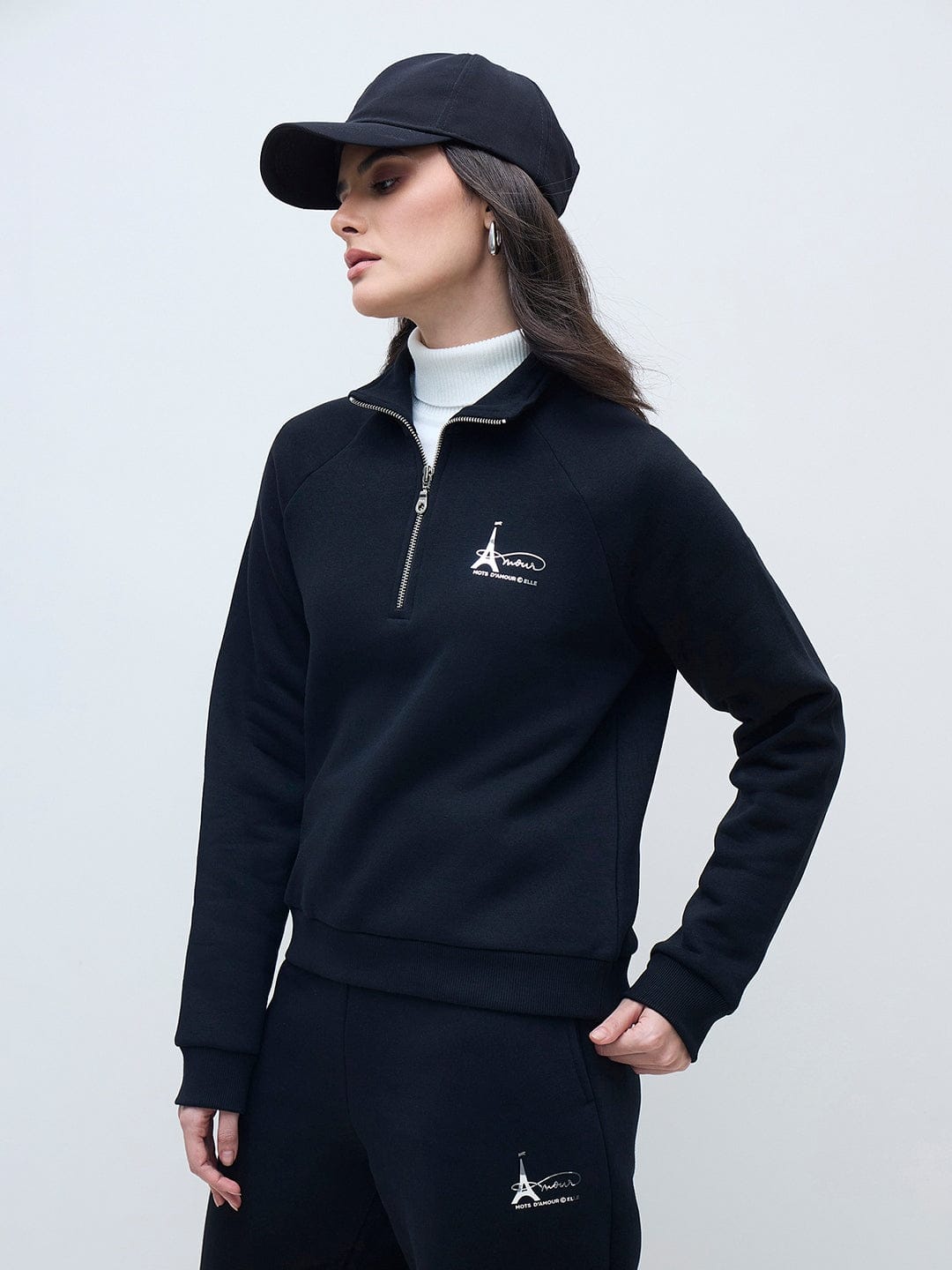 ELLE Women Black Branded Artwork Solid Sweatshirt