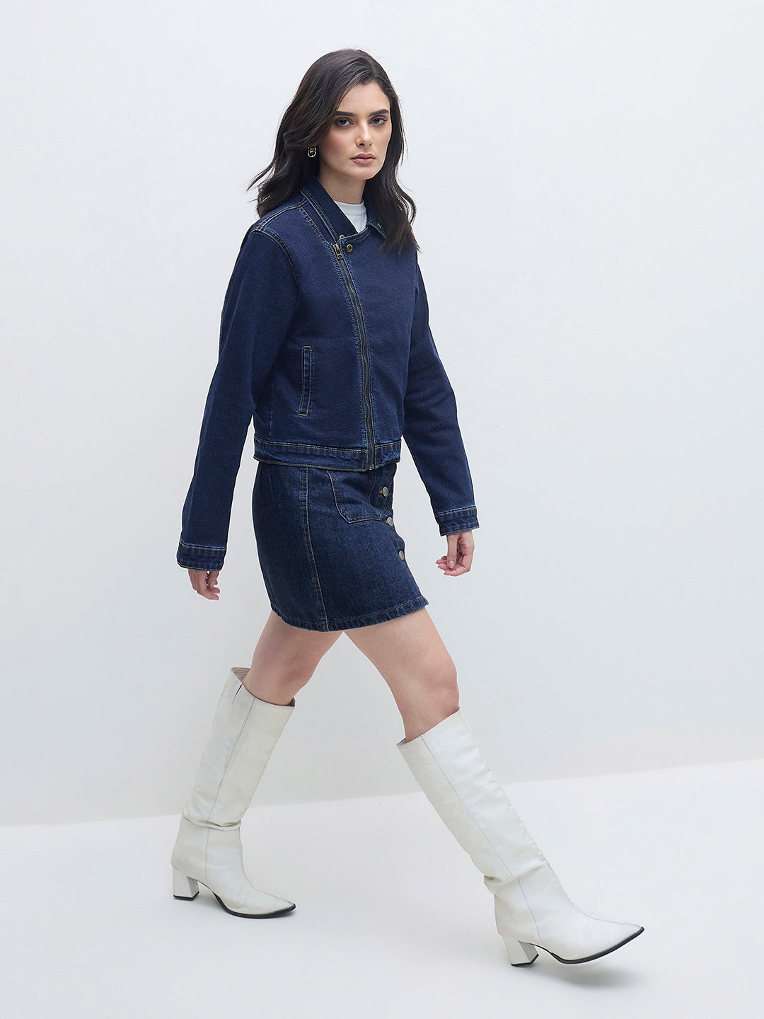 ELLE Women Navy Blue Solid Band Neck Denim Jacket