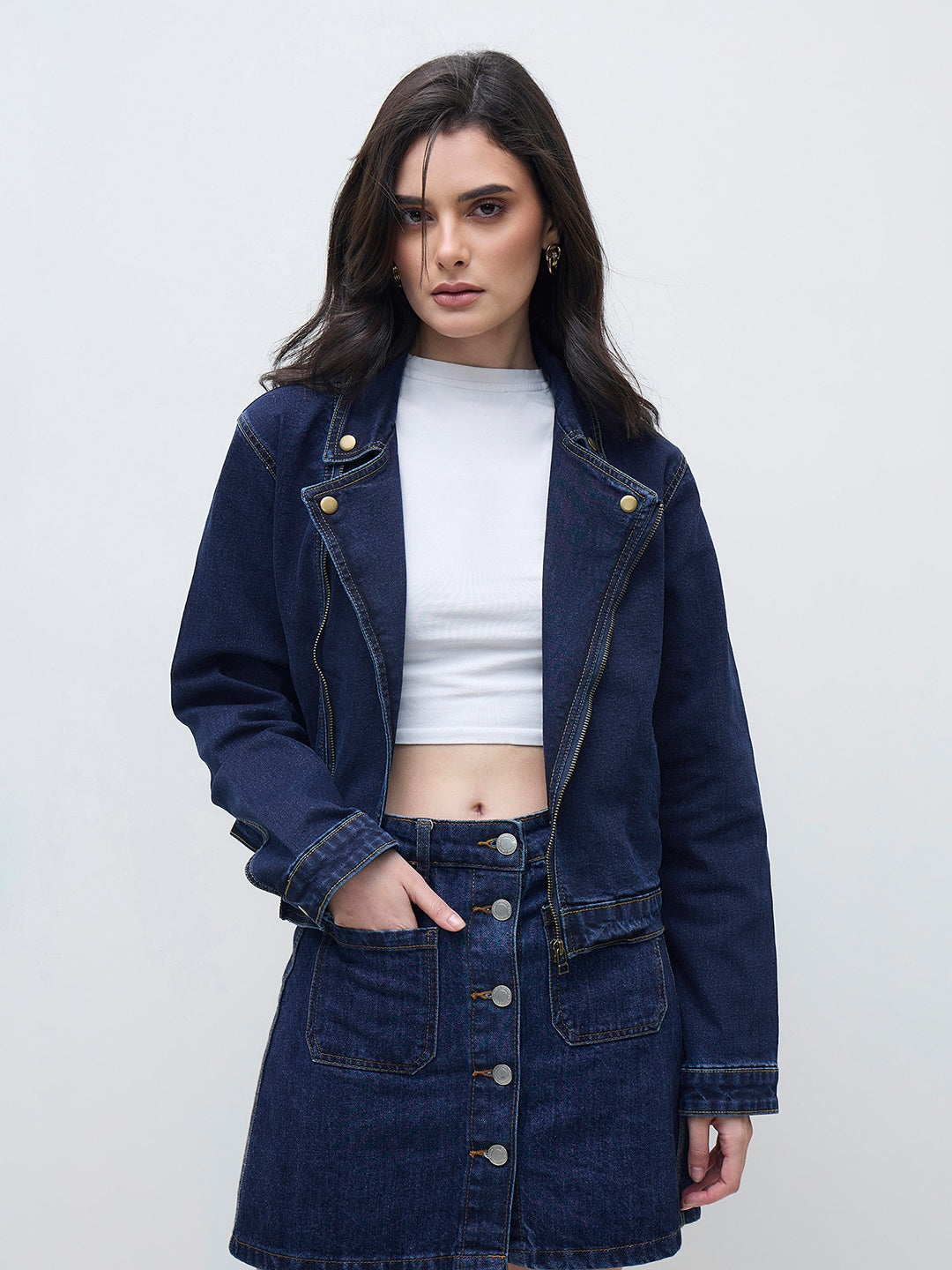 ELLE Women Navy Blue Solid Band Neck Denim Jacket