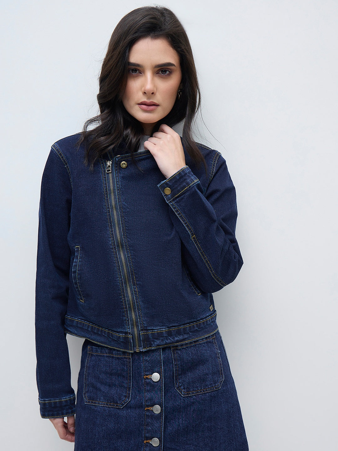 ELLE Women Navy Blue Solid Band Neck Denim Jacket