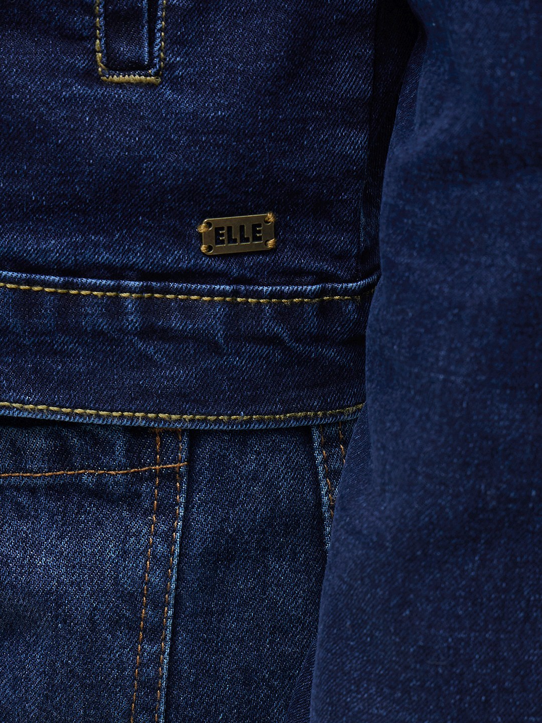ELLE Women Navy Blue Solid Band Neck Denim Jacket