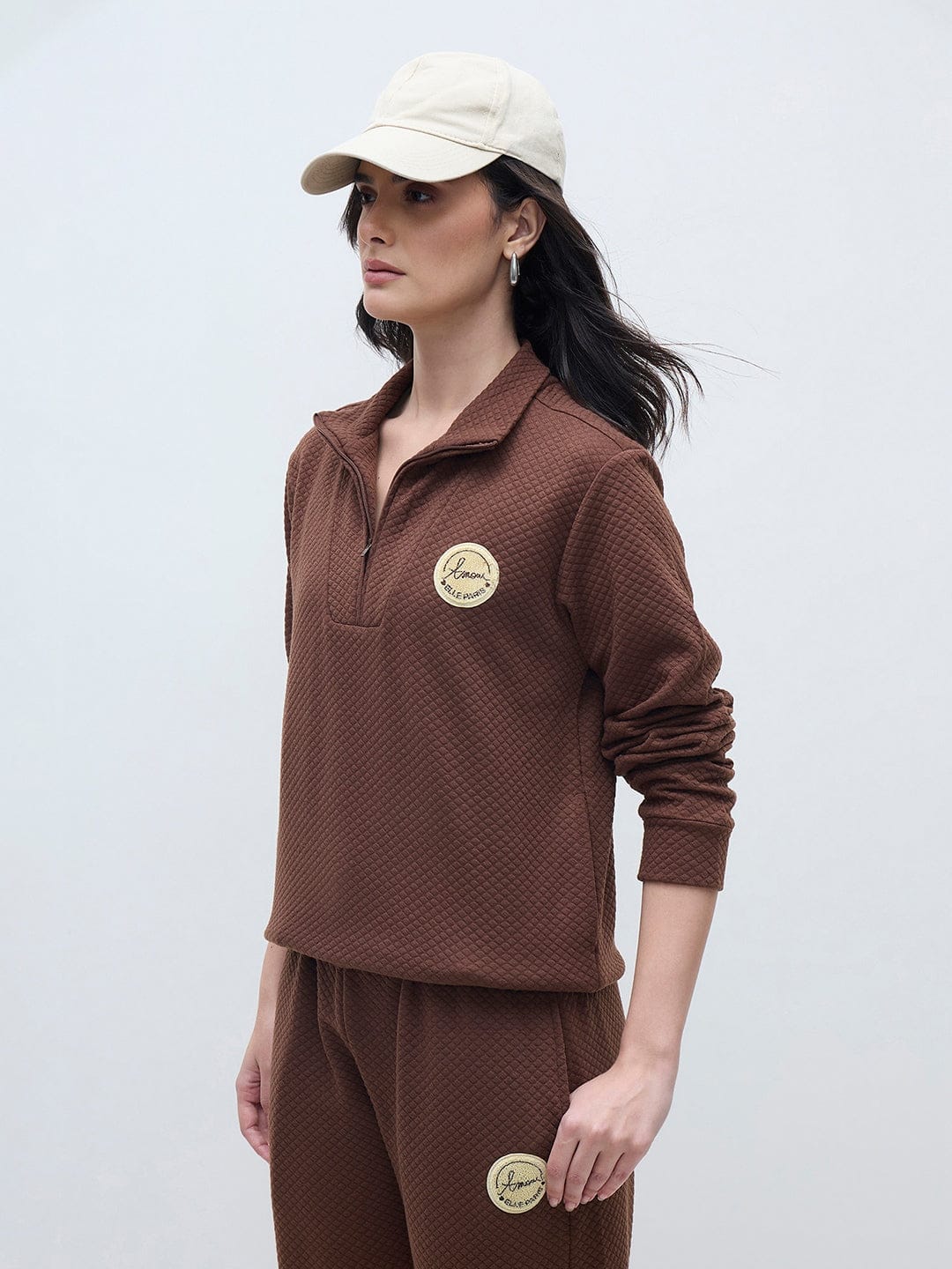 ELLE Women Brown Boucle Embroidery Solid Sweatshirt