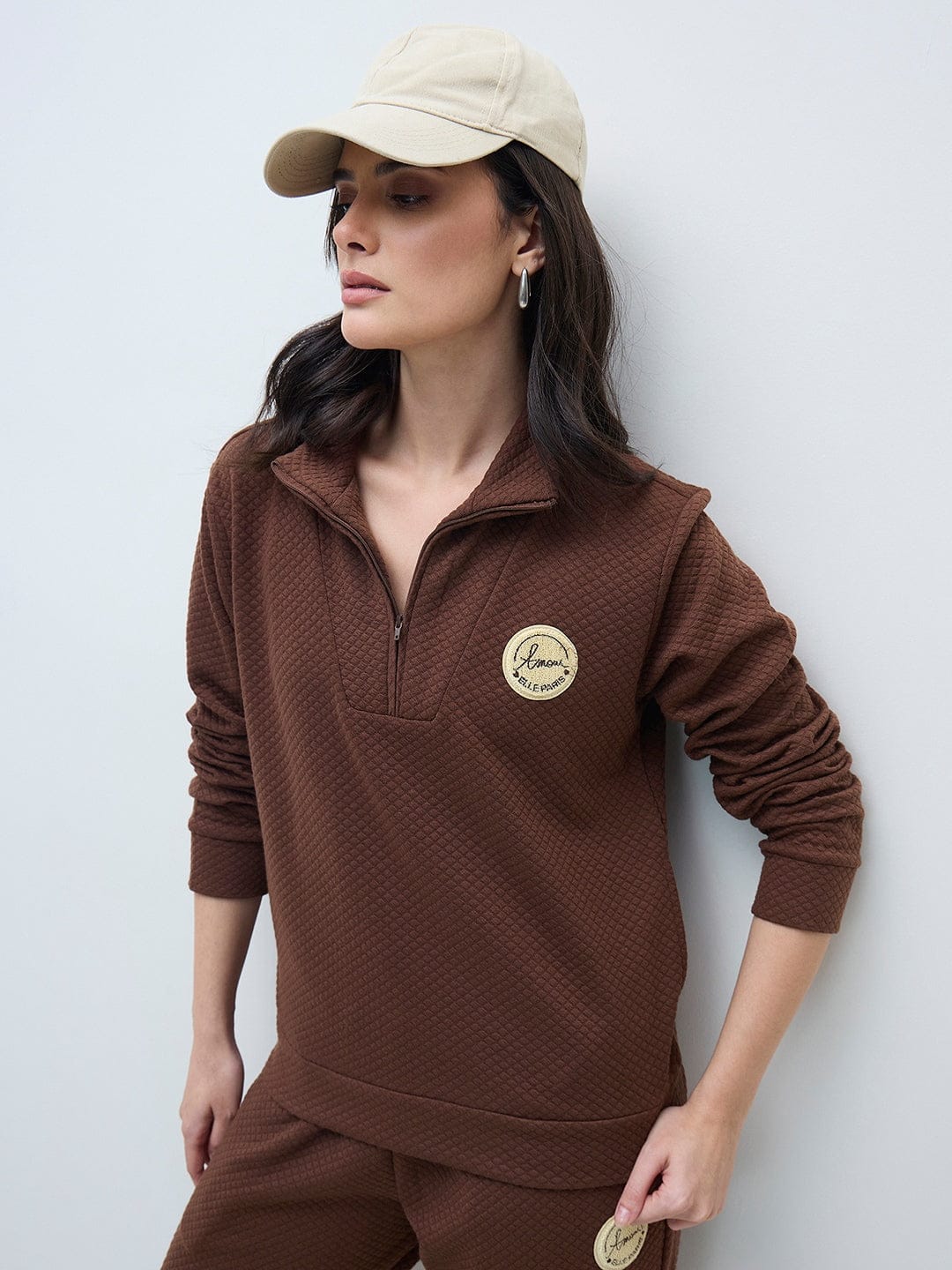 ELLE Women Brown Boucle Embroidery Solid Sweatshirt