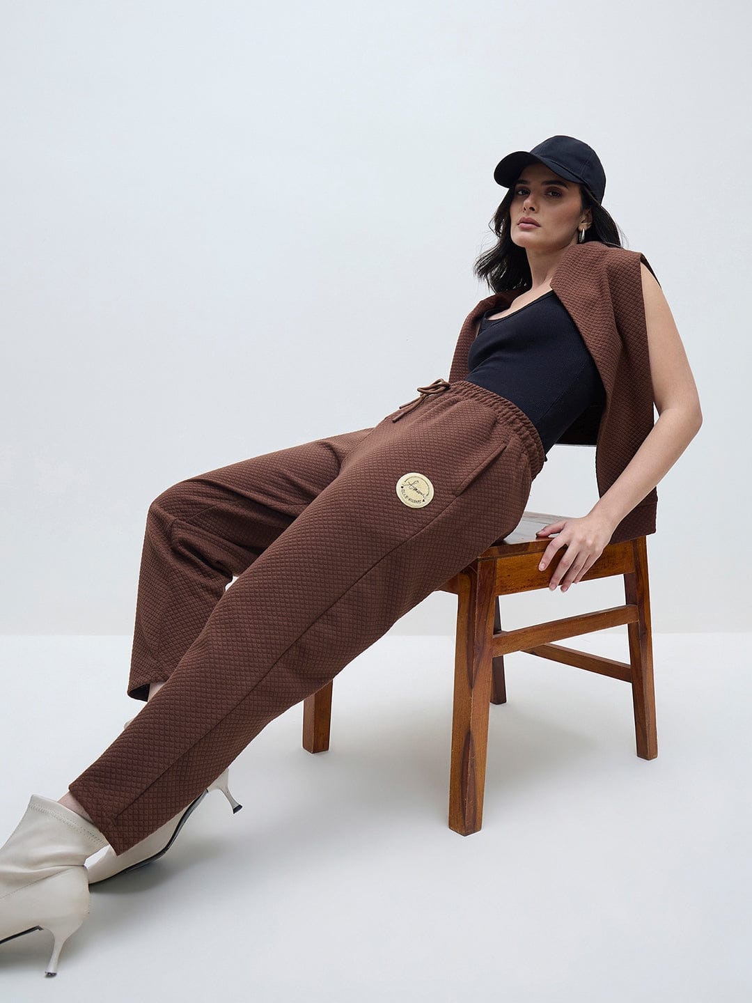 ELLE Women Brown Polyester Solid Sweatpant