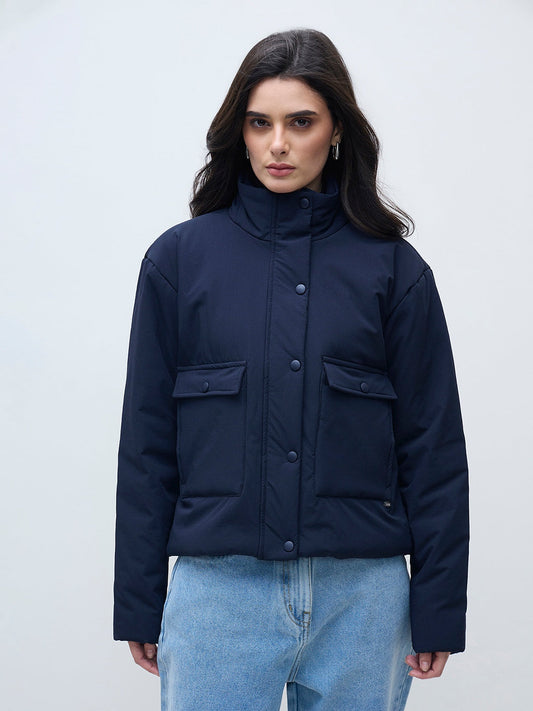 ELLE Women Navy Blue Solid Band Neck Jacket