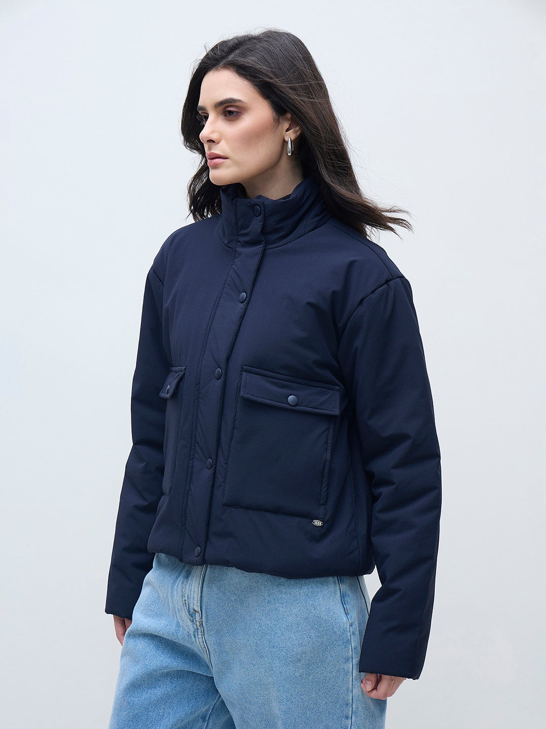 ELLE Women Navy Blue Solid Band Neck Jacket