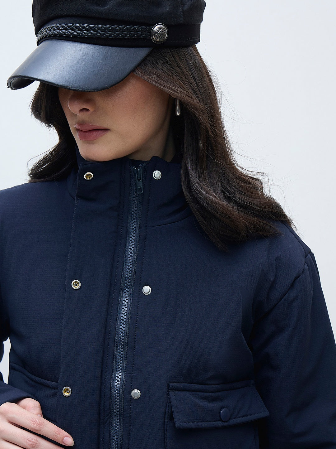 ELLE Women Navy Blue Solid Band Neck Jacket