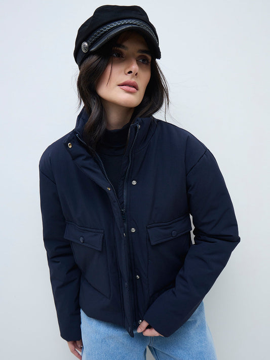 ELLE Women Navy Blue Solid Band Neck Jacket