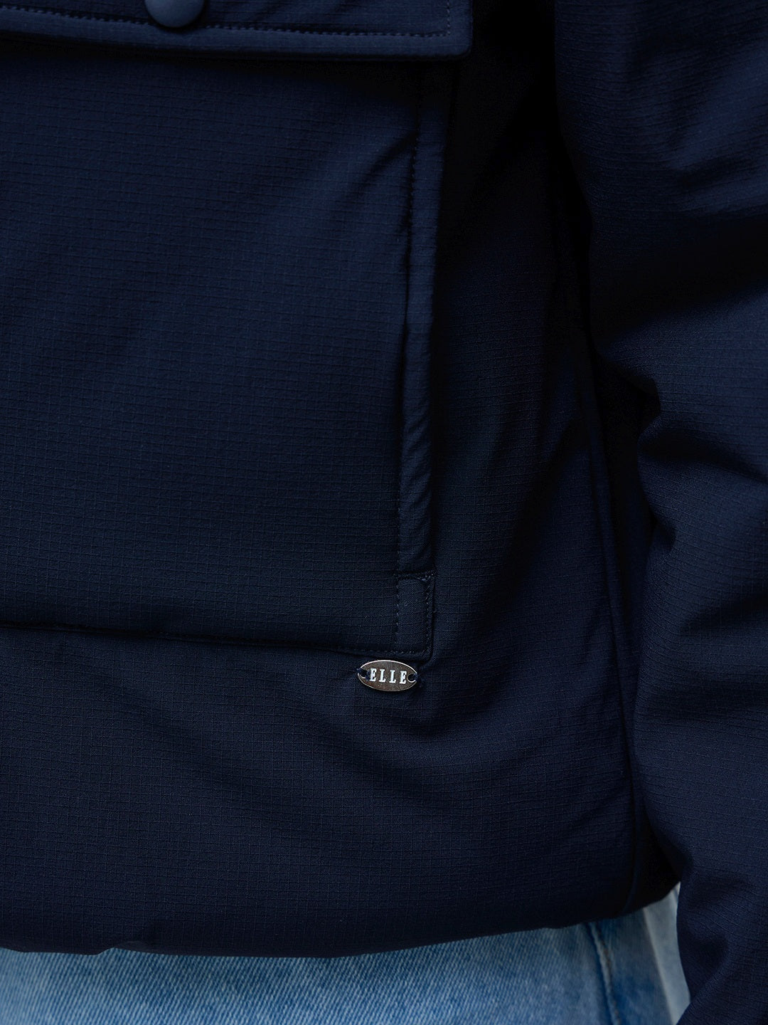 ELLE Women Navy Blue Solid Band Neck Jacket