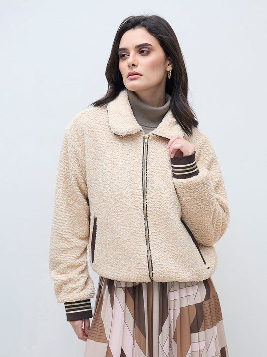 ELLE Women Cream Solid Shirt Collar Jacket