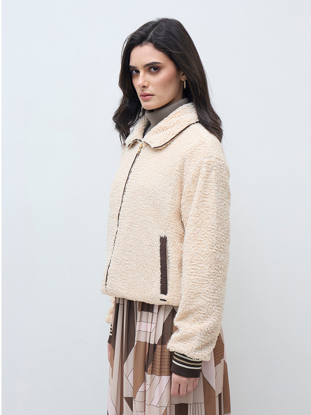 ELLE Women Cream Solid Shirt Collar Jacket