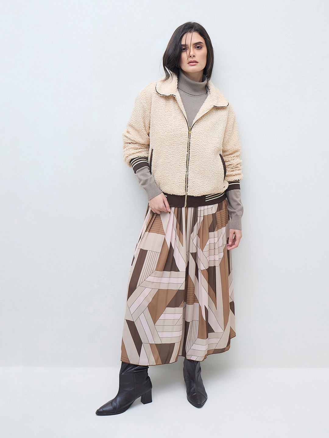 ELLE Women Cream Solid Shirt Collar Jacket