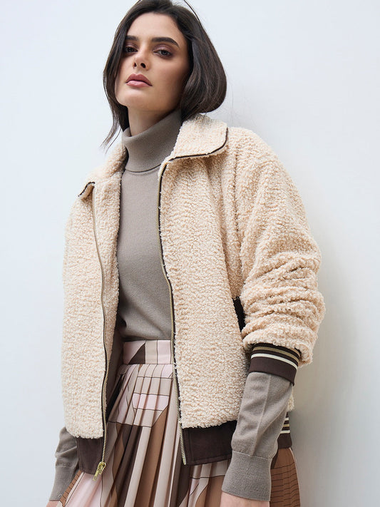 ELLE Women Cream Solid Shirt Collar Jacket