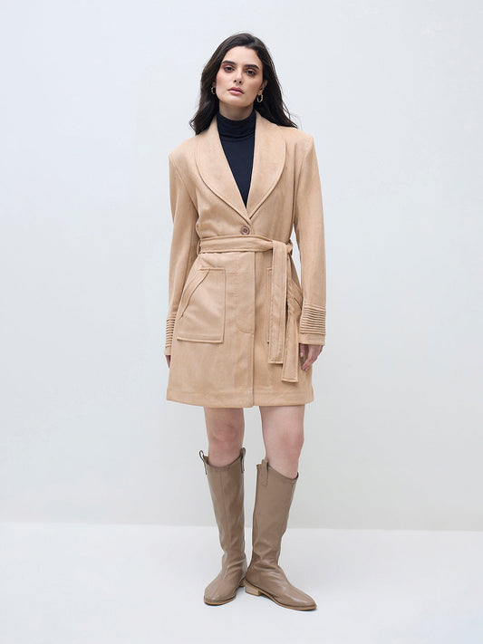 ELLE Women Brown Solid Overcoat