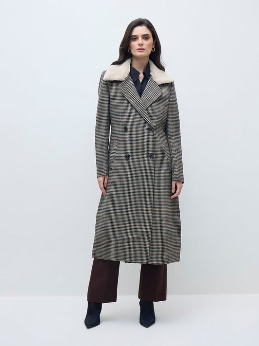 ELLE Women Black Checks Overcoat
