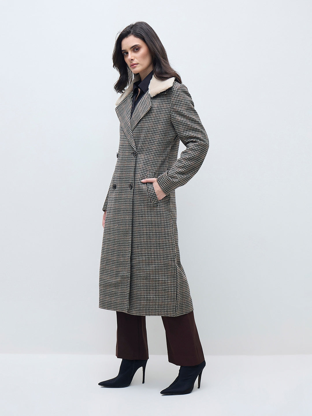 ELLE Women Black Checks Overcoat