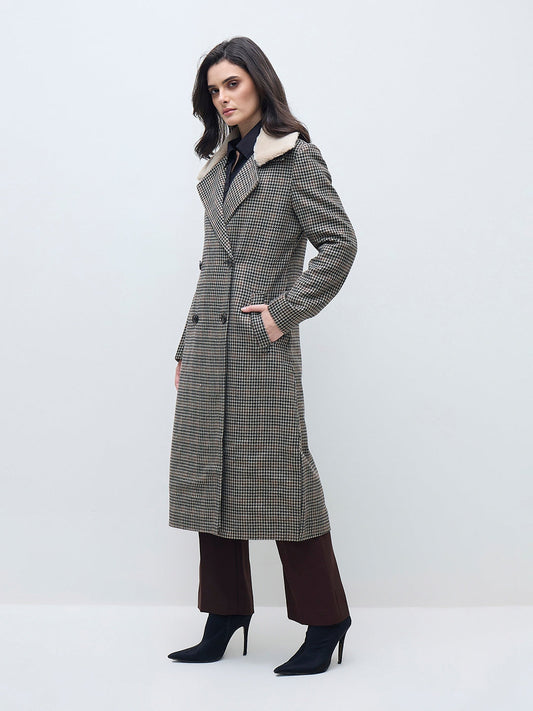 ELLE Women Black Checks Overcoat