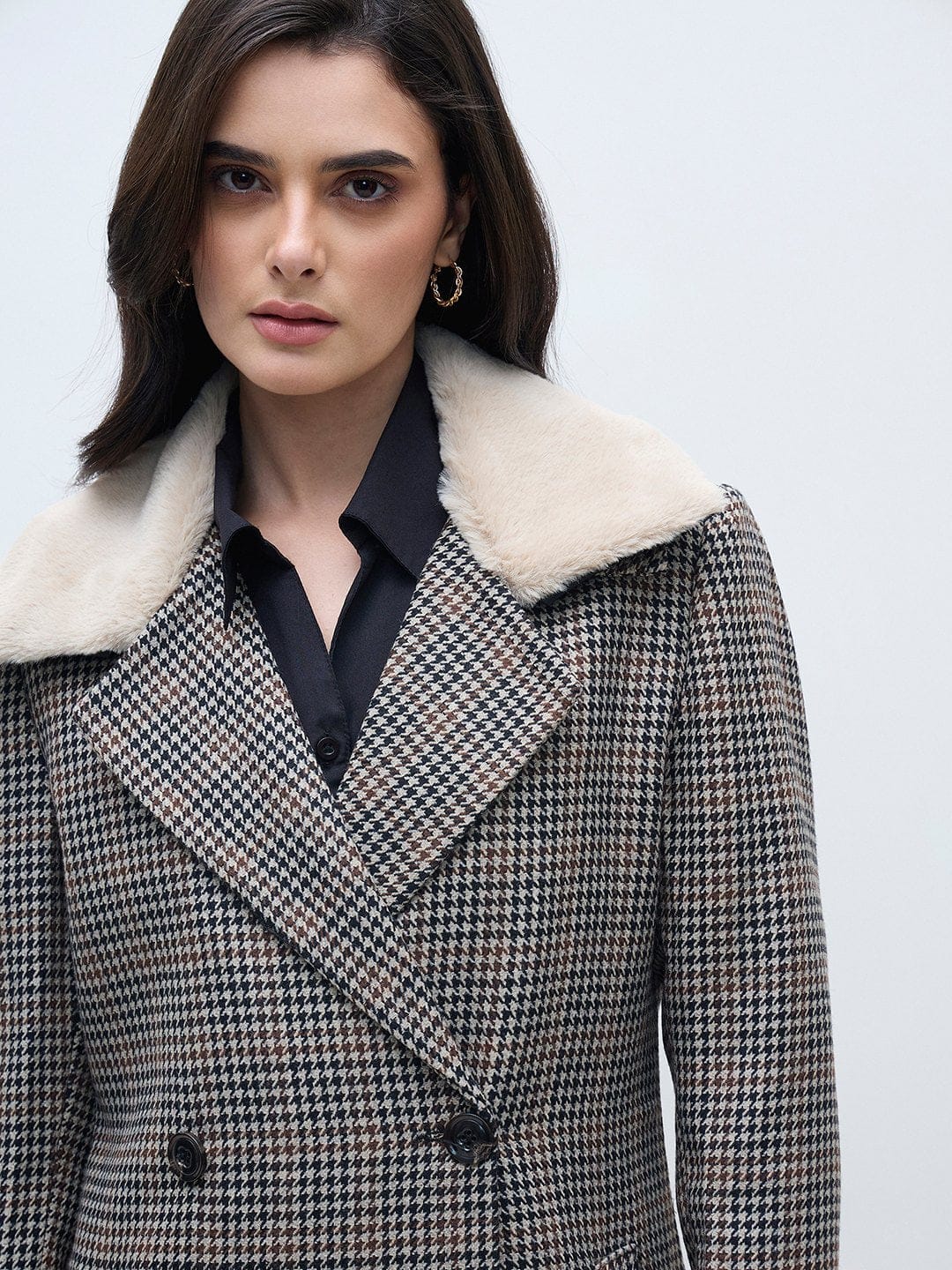 ELLE Women Black Checks Overcoat