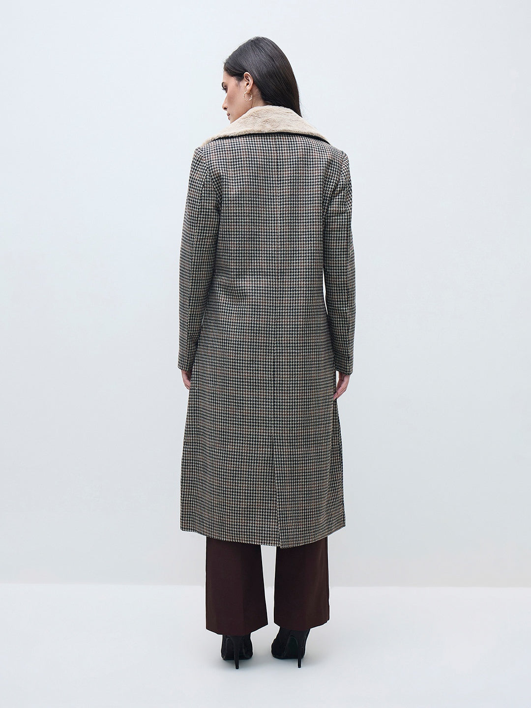 ELLE Women Black Checks Overcoat