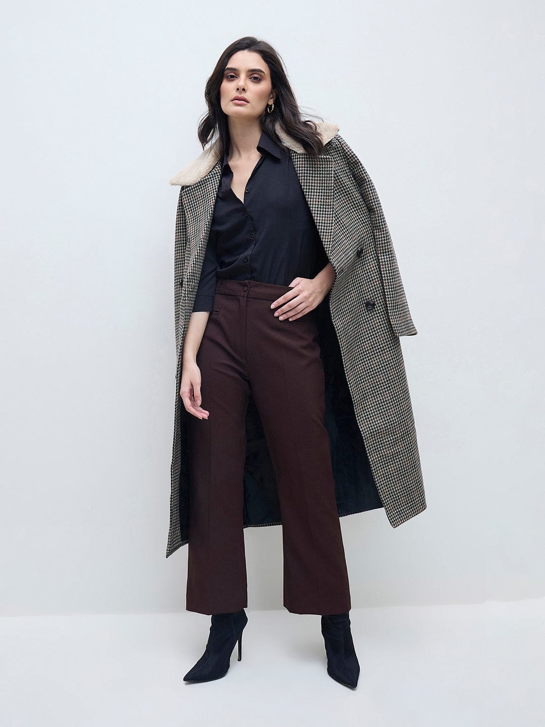 ELLE Women Black Checks Overcoat