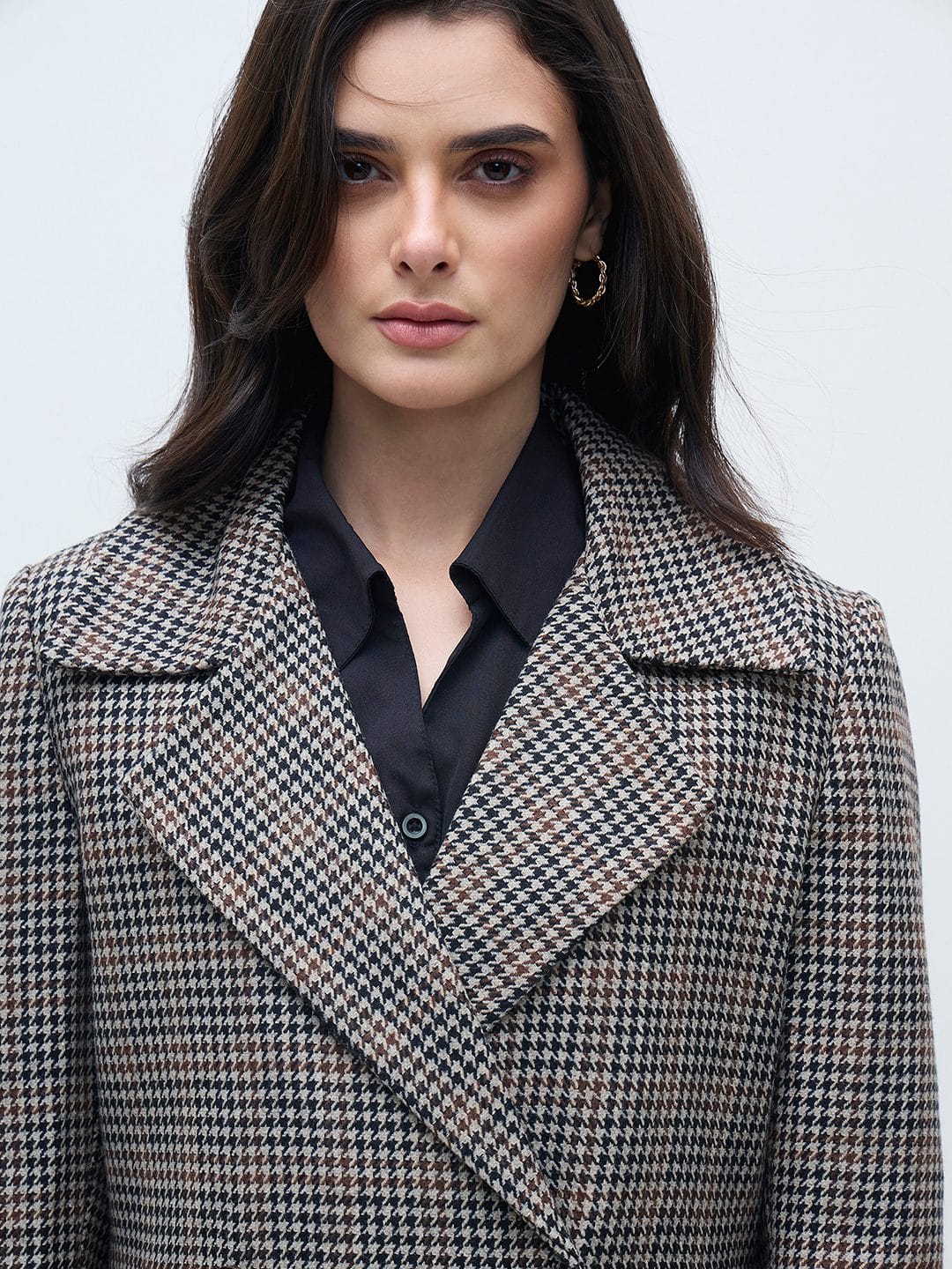 ELLE Women Black Checks Overcoat