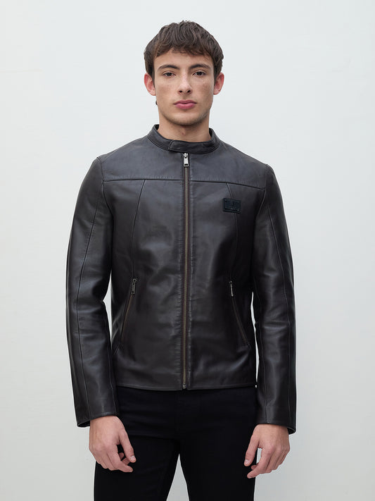 ICONIC Men Brown Band Collar Leather Jacket