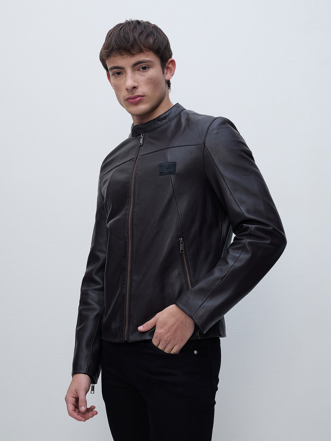 ICONIC Men Brown Band Collar Leather Jacket