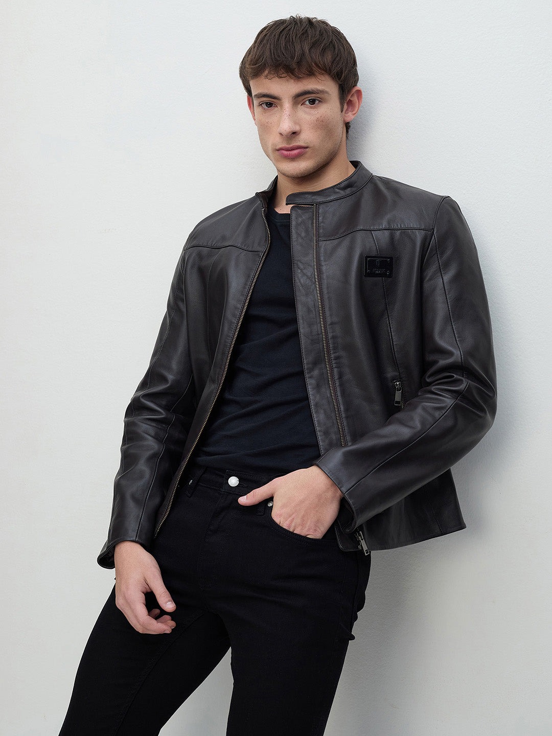 ICONIC Men Brown Band Collar Leather Jacket