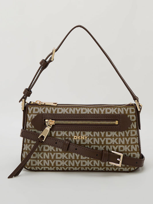DKNY Brown Woven Logo Print Shoulder Bag