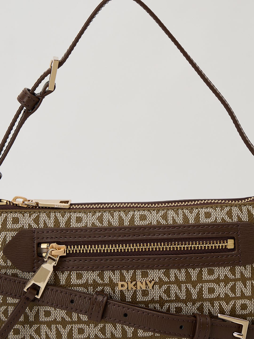 DKNY Brown Woven Logo Print Shoulder Bag