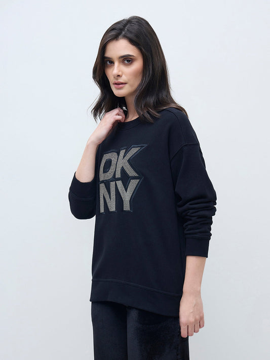 DKNY Women Black Applique Logo Sweatshirt