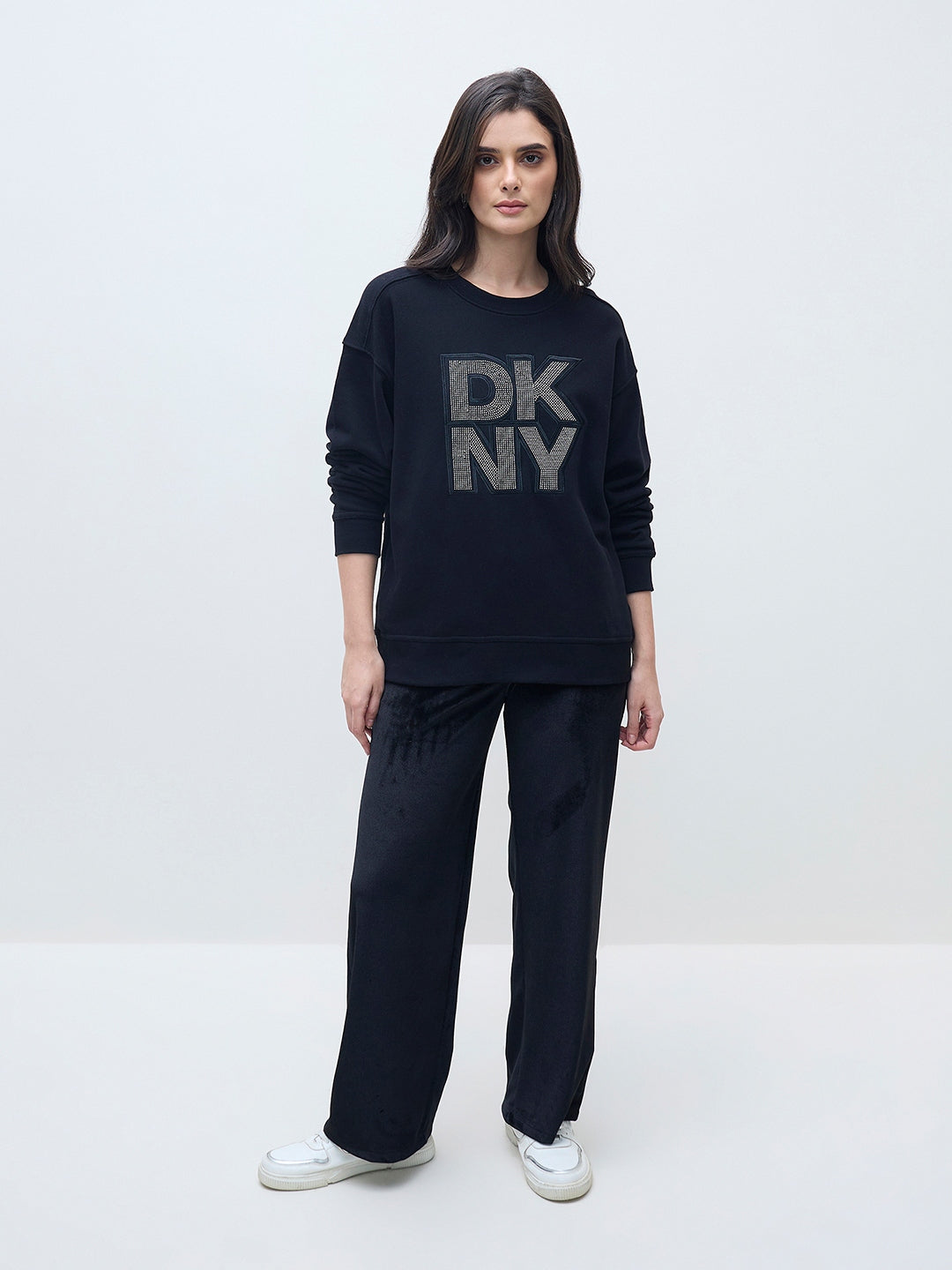 DKNY Women Black Applique Logo Sweatshirt