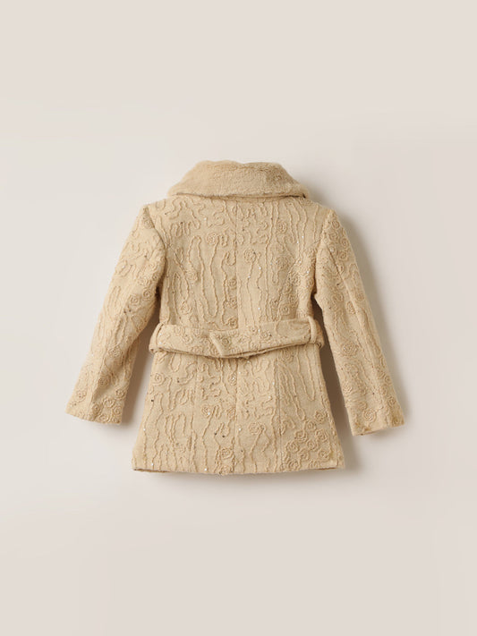 ELLE Girls Beige Regular Fit Knotch Collar Overcoat