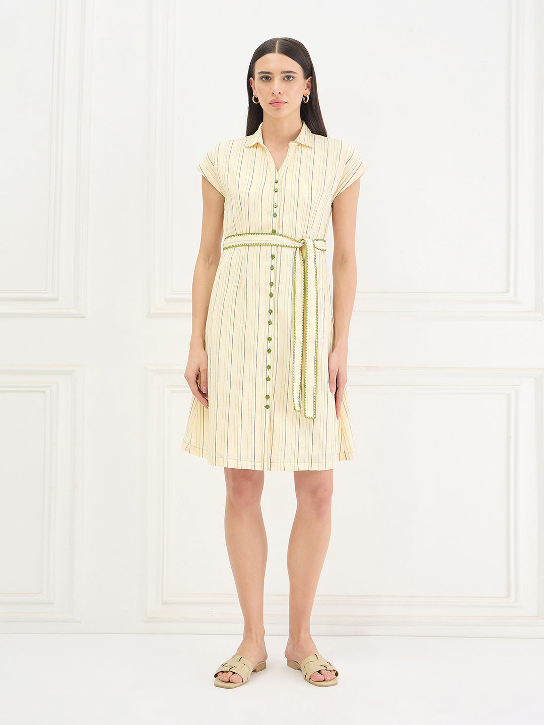 Elle Women Yellow Striped Relaxed Fit Dress