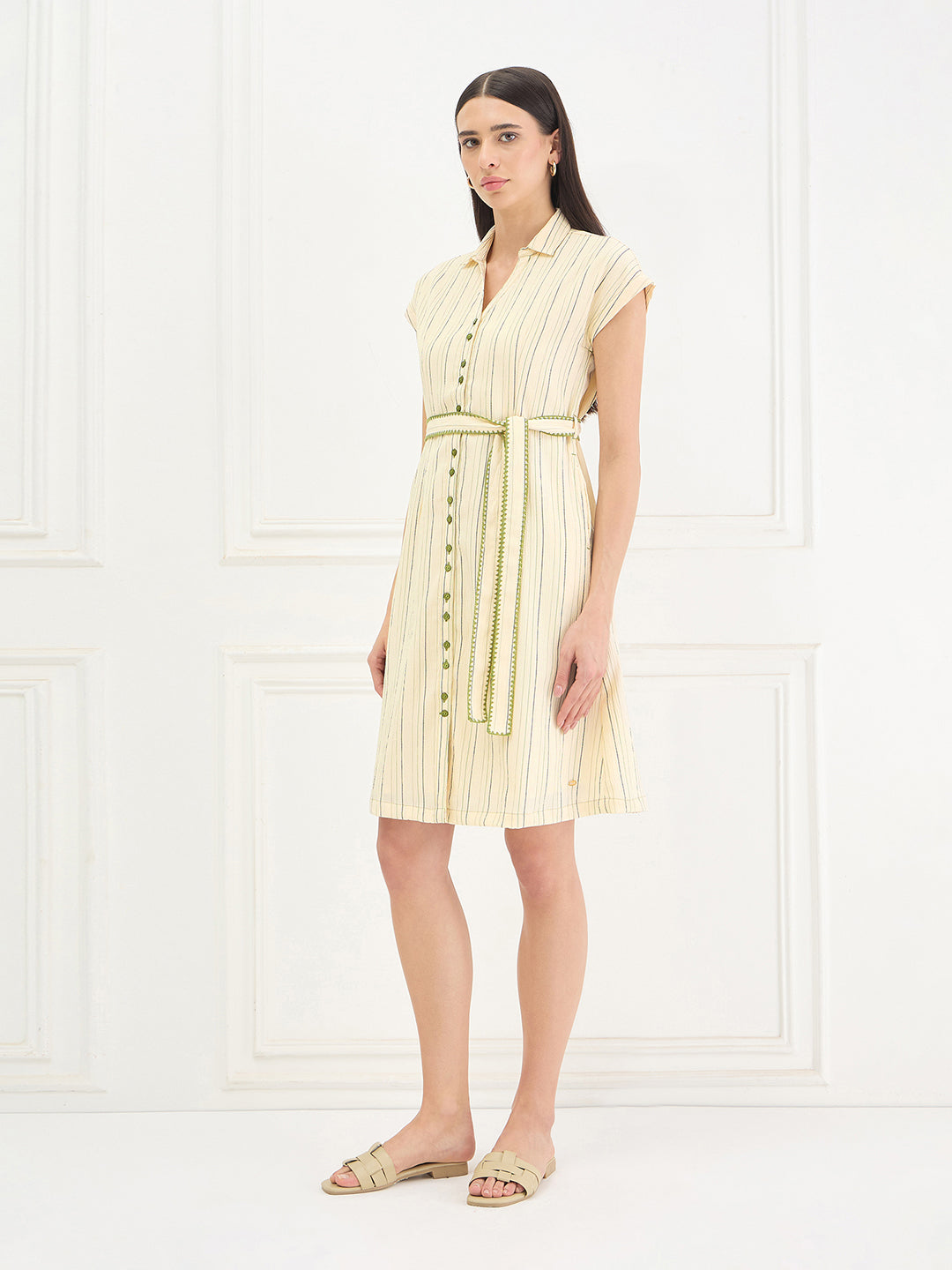 Elle Women Yellow Striped Relaxed Fit Dress