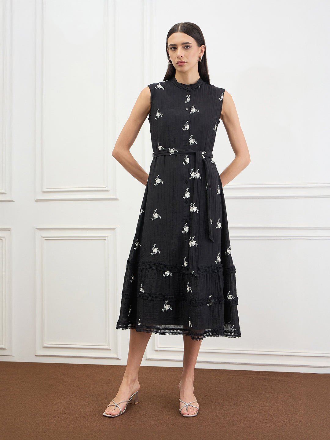 Elle Women Black Embroidered Fit & Flared Dress
