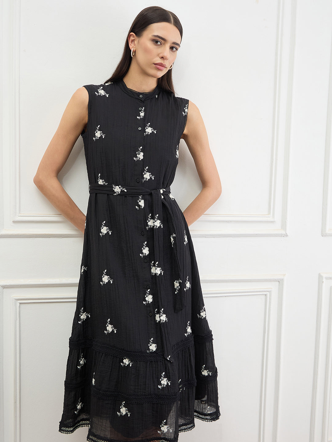 Elle Women Black Embroidered Fit & Flared Dress