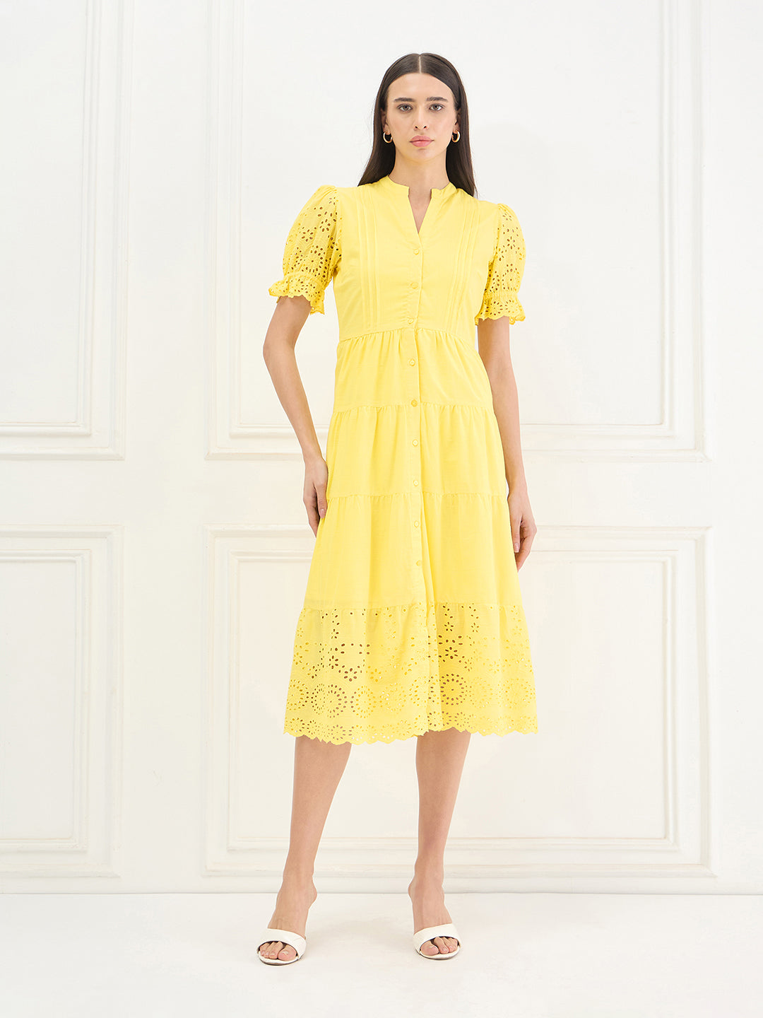 Elle Women Yellow Solid Relaxed Fit Pure Cotton Dress