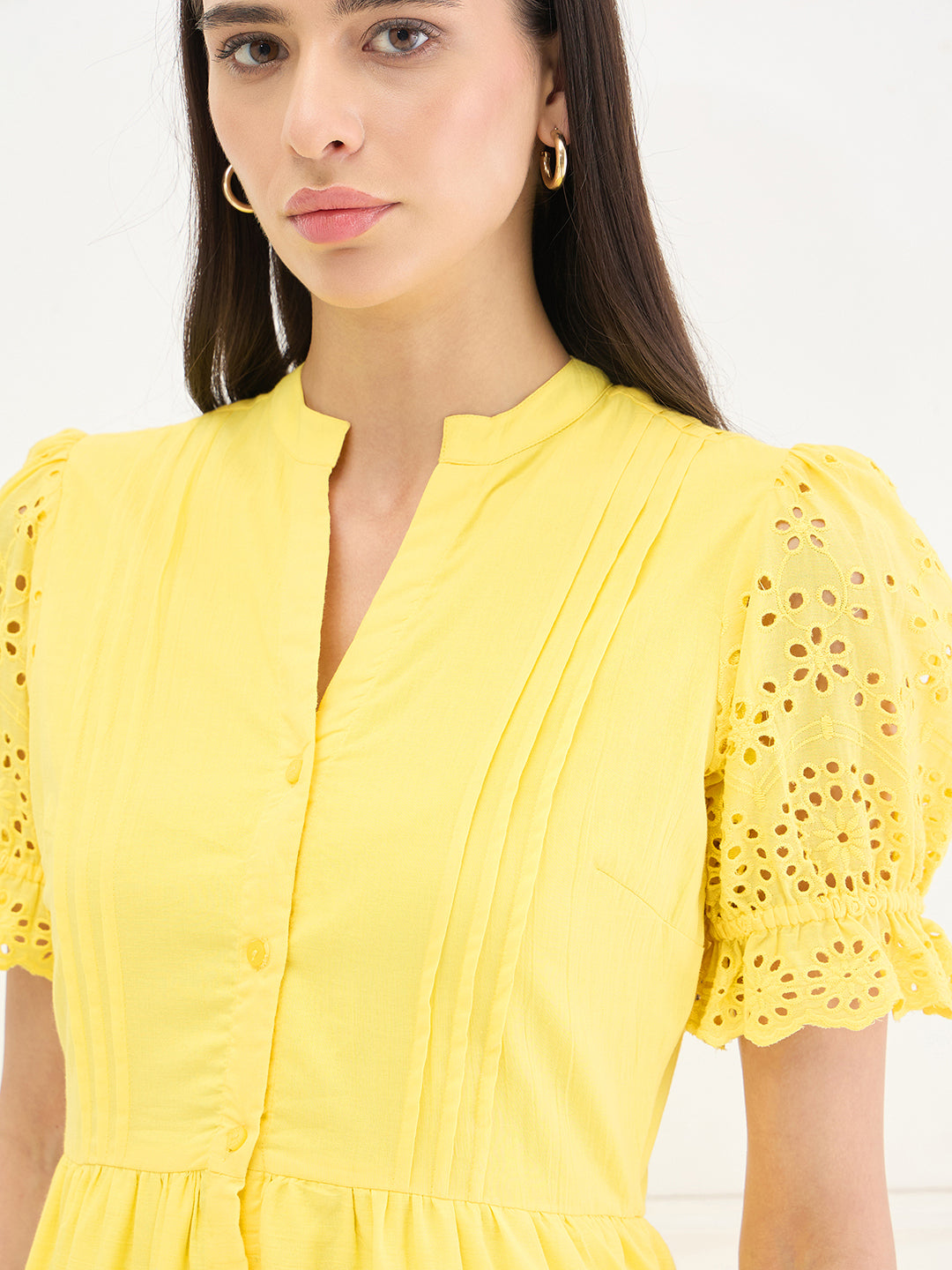 Elle Women Yellow Solid Relaxed Fit Pure Cotton Dress