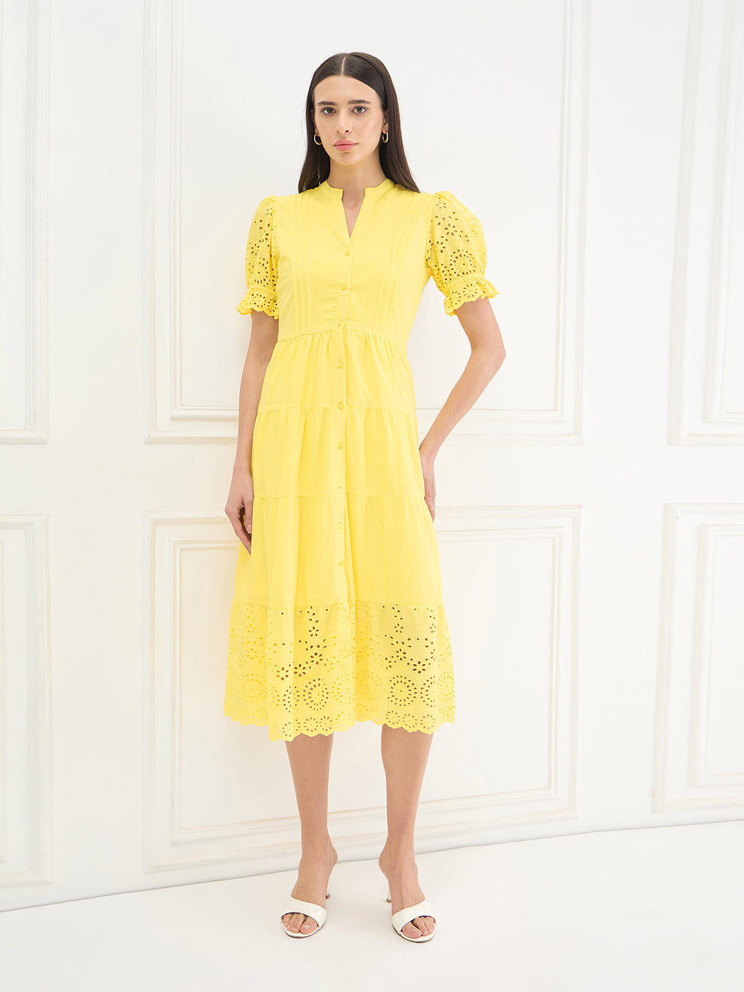 Elle Women Yellow Solid Relaxed Fit Pure Cotton Dress
