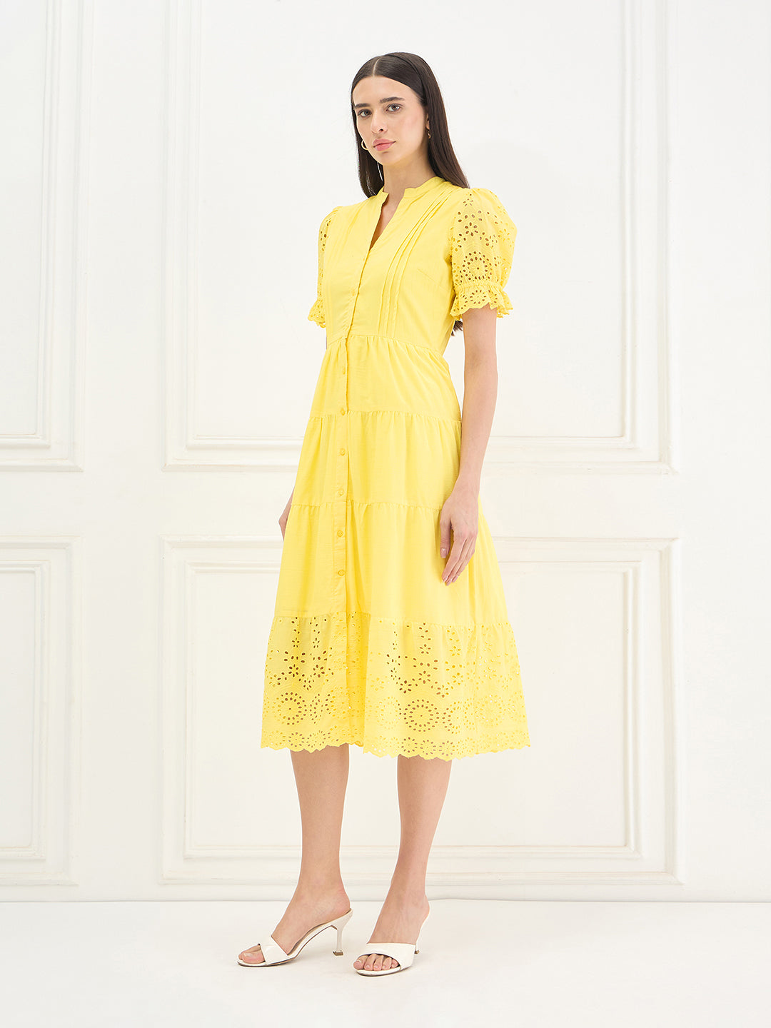 Elle Women Yellow Solid Relaxed Fit Pure Cotton Dress