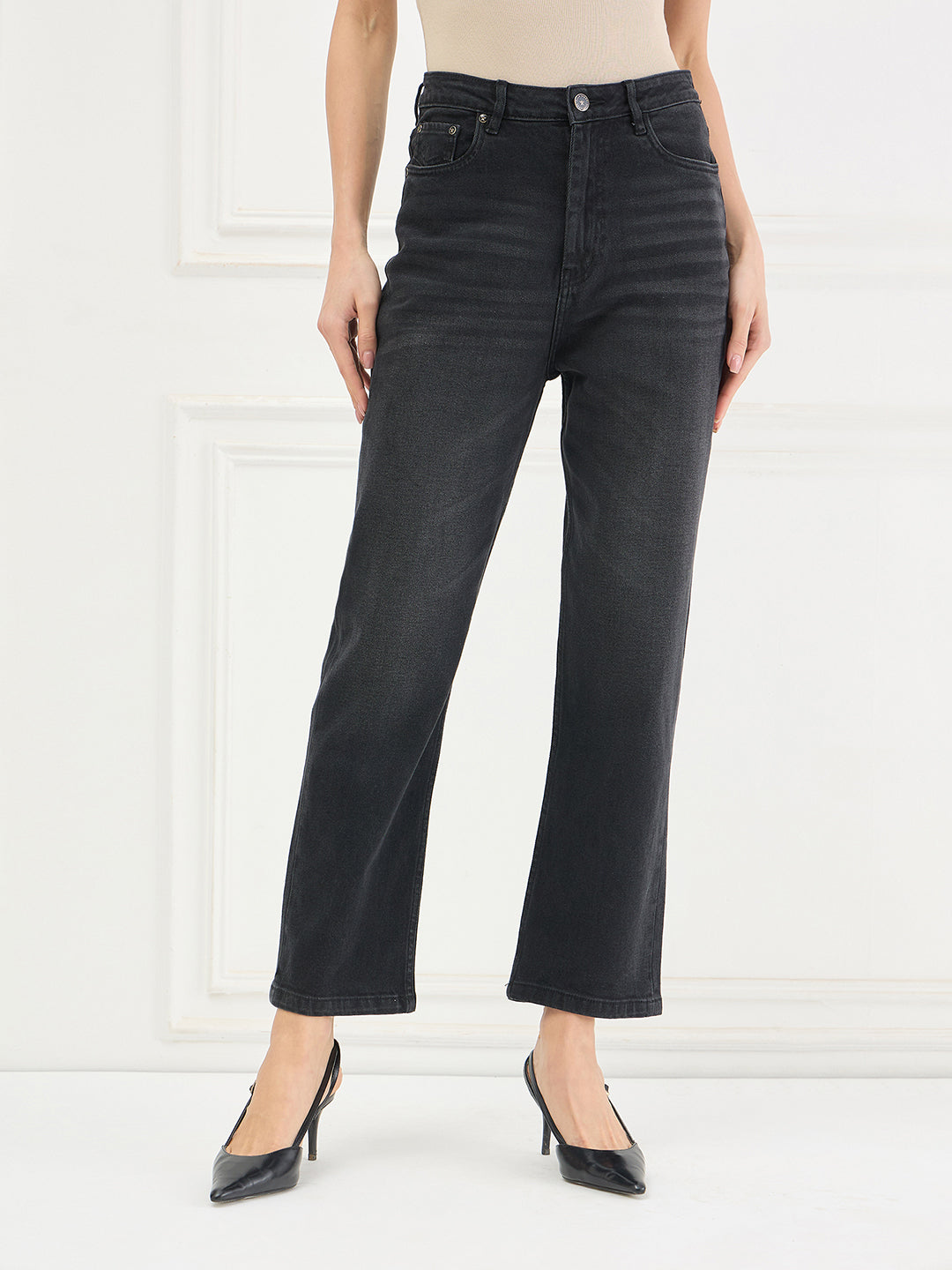 Elle Women Black Solid Straight Fit Jeans
