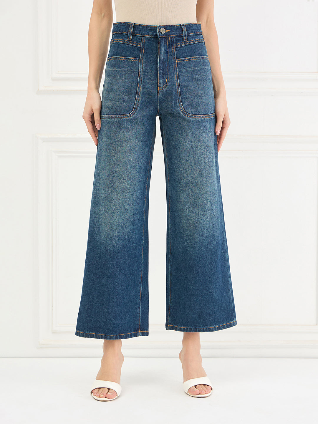 Elle Women Blue Solid Flared Fit Jeans