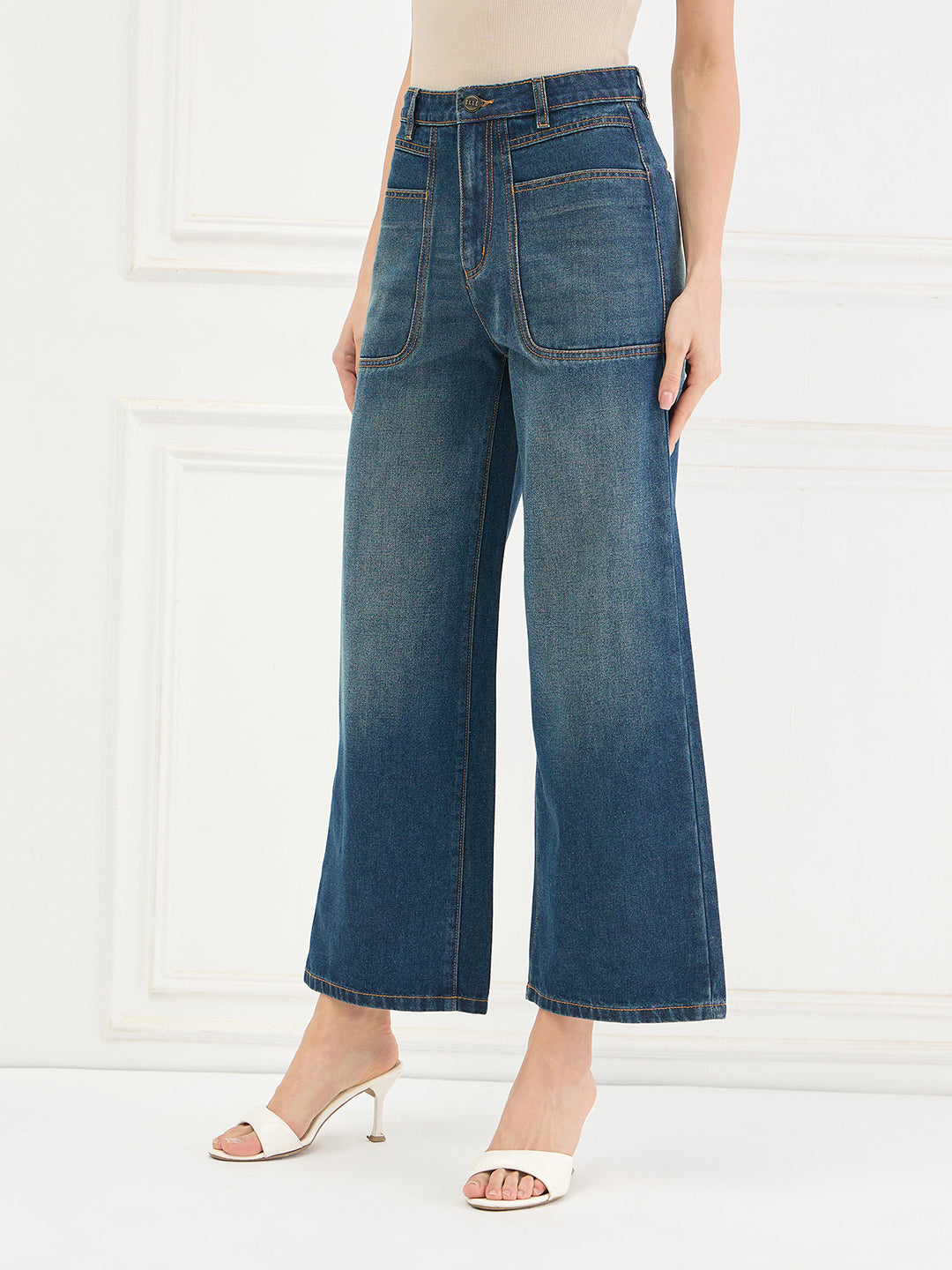 Elle Women Blue Solid Flared Fit Jeans