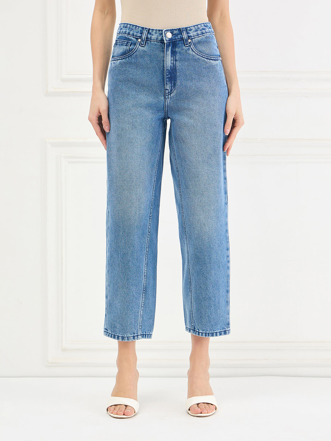 Elle Women Blue Solid Mom Fit Jeans