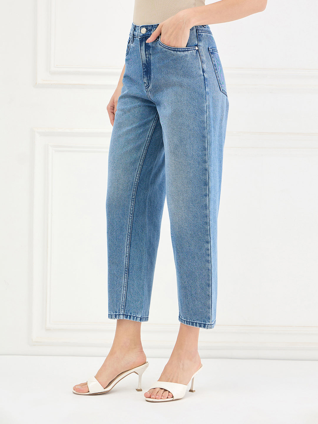 Elle Women Blue Solid Mom Fit Jeans
