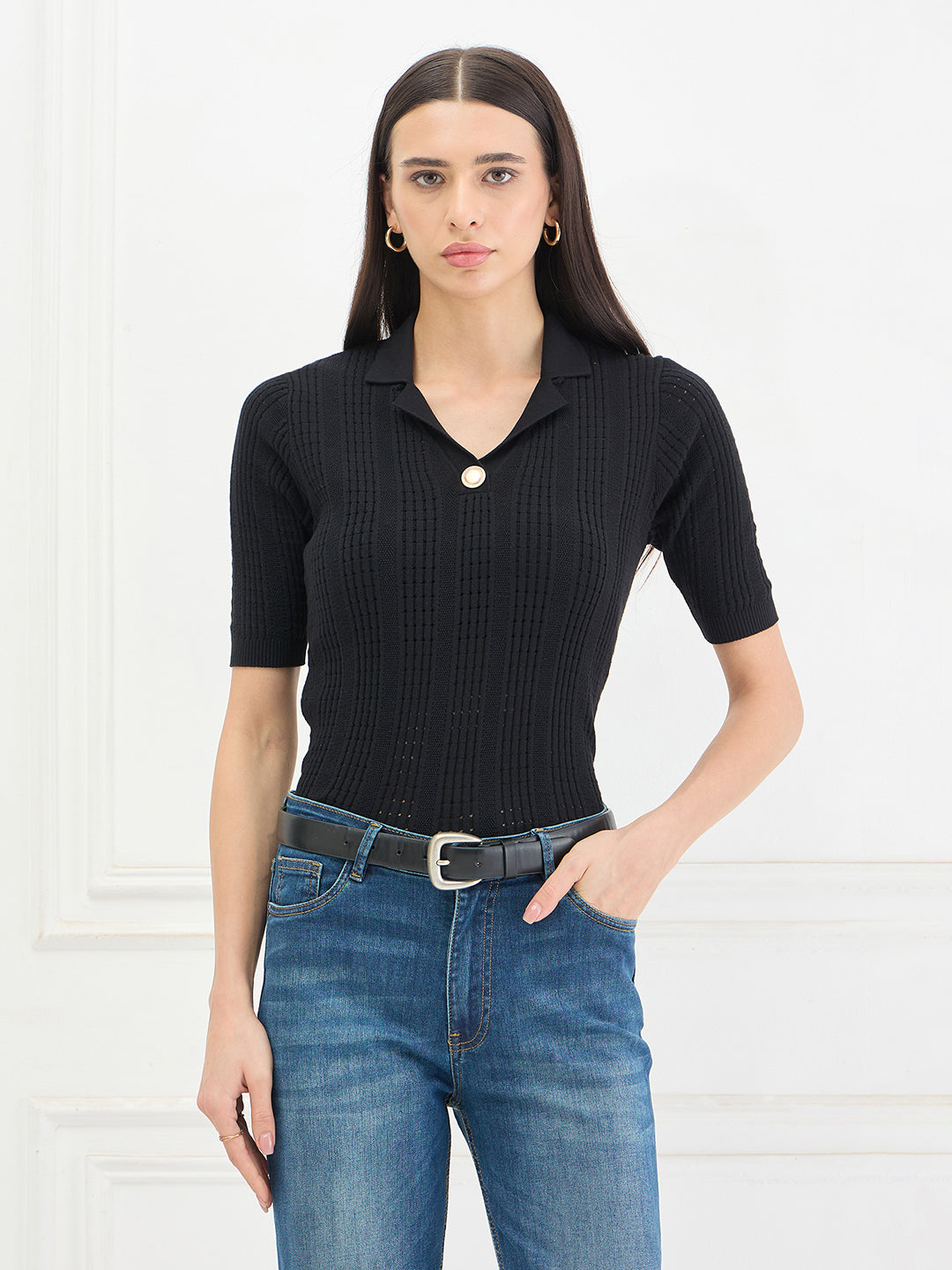 Elle Women Black Solid Relaxed Fit Pure Cotton Top