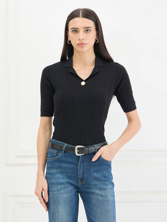 Elle Women Black Solid Relaxed Fit Pure Cotton Top