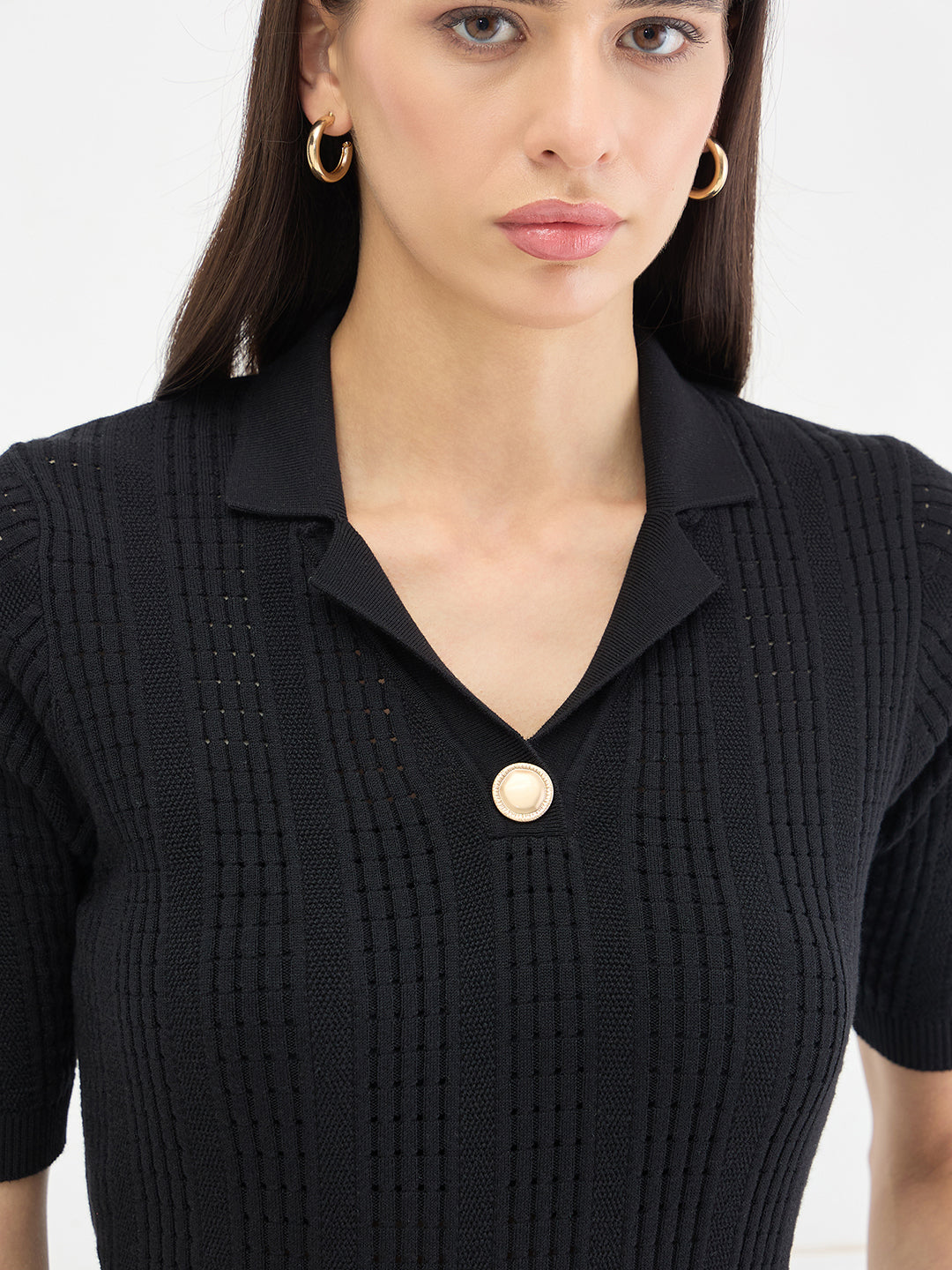 Elle Women Black Solid Relaxed Fit Pure Cotton Top