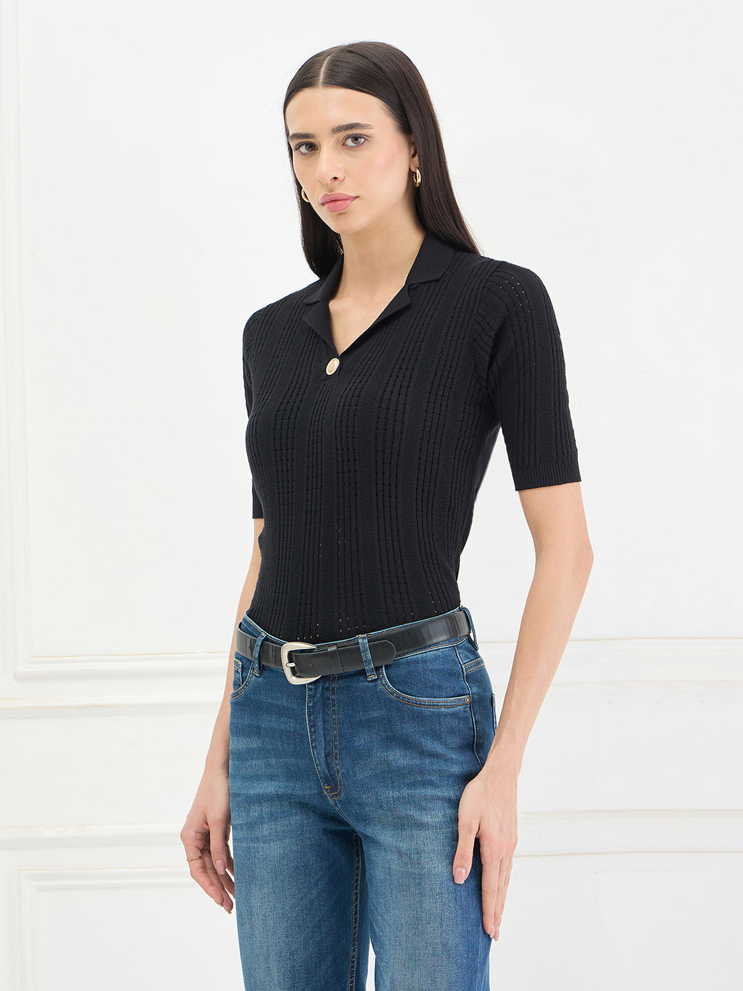 Elle Women Black Solid Relaxed Fit Pure Cotton Top